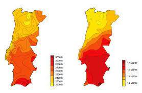 Figura 4 - Distribuição das horas de sol e da radiação em Portugal, respetivamente [3] 
